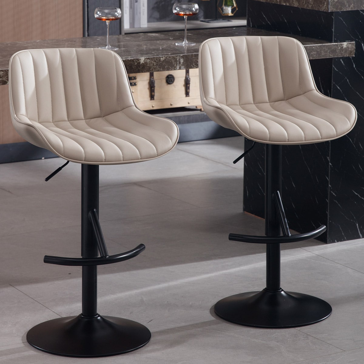 Adjustable swivel Light Luxury Premium bar stool for Kitchen Counter and Dining Room set of 2  KHAKI